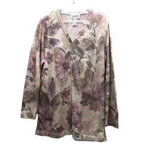 Gabriella T W Size M Tan/Purple Long Sleeve Floral Print Metallic Cardigan
